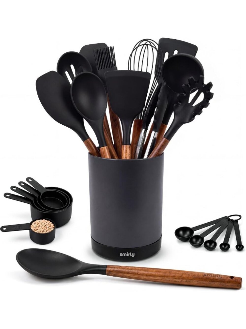 22-Piece Silicone Kitchen Utensils Set with Acacia Wood Handles - Black Cooking